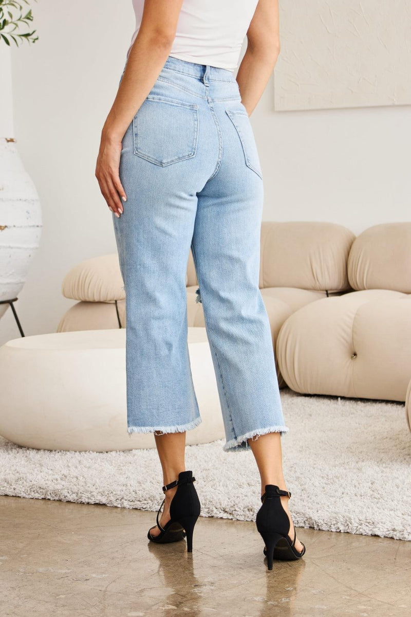 RFM Tummy Control High Waist Raw Hem Distressed Jeans - Three Mad Hatters Mercantile 
