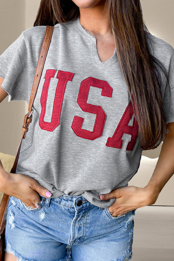 USA Notched Short Sleeve T-Shirt Womens Tops Gray S 