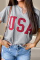 USA Notched Short Sleeve T-Shirt Womens Tops Gray S 