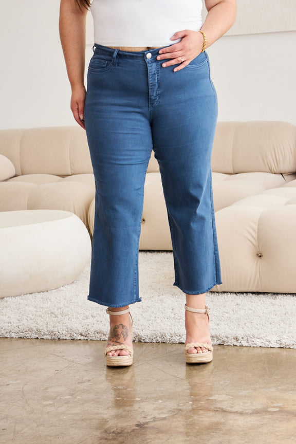 RFM Crop Chloe Tummy Control High Waist Raw Hem Jeans Denim   