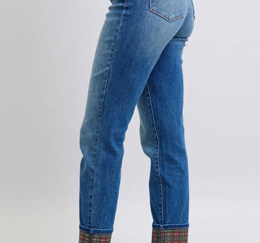 Judy Blue Full Size Plaid Print Cuff Straight Leg Jeans with Pockets