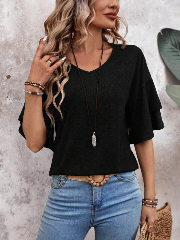 V-Neck Half Sleeve Blouse Womens Tops Black S 