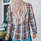 Multicolor Plaid Print Leopard Trim Shacket Womens Button Down Shirt   