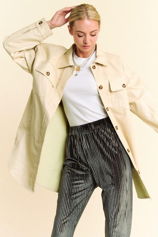 Davi & Dani Faux Leather Button Up Jacket with Chest Pockets - Three Mad Hatters Mercantile 