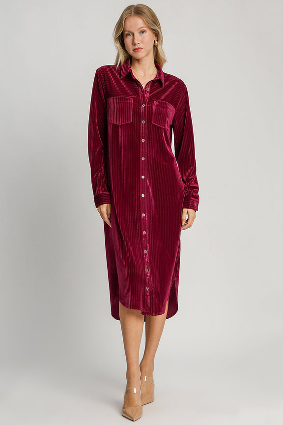 Umgee Texture Curved Hem Button Down Shirt Dress Womens Dresses Burgundy S