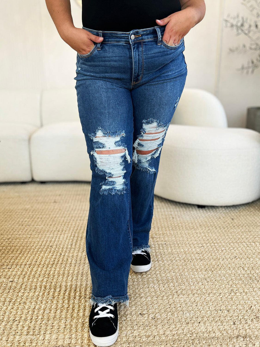 Judy Blue Full Size Mid Rise Distressed Raw Hem Jeans - Three Mad Hatters Mercantile 