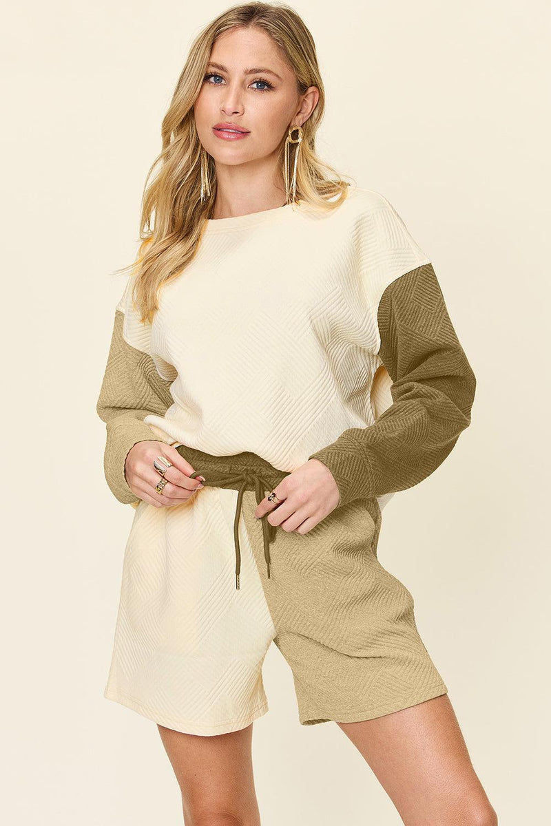Double Take Contrast Drop Shoulder Top and Shorts Set - Three Mad Hatters Mercantile 