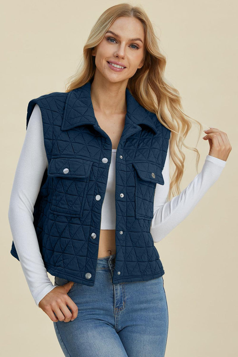 Double Take Pocketed Texture Snap Down Vest - Three Mad Hatters Mercantile 