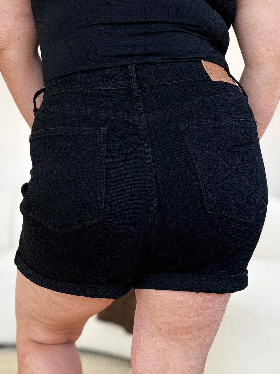 Judy Blue Full Size High Waist Tummy Control Cuffed Denim Shorts - Three Mad Hatters Mercantile 