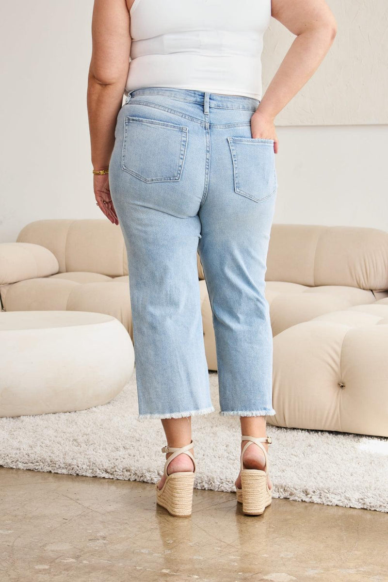 RFM Tummy Control High Waist Raw Hem Distressed Jeans - Three Mad Hatters Mercantile 