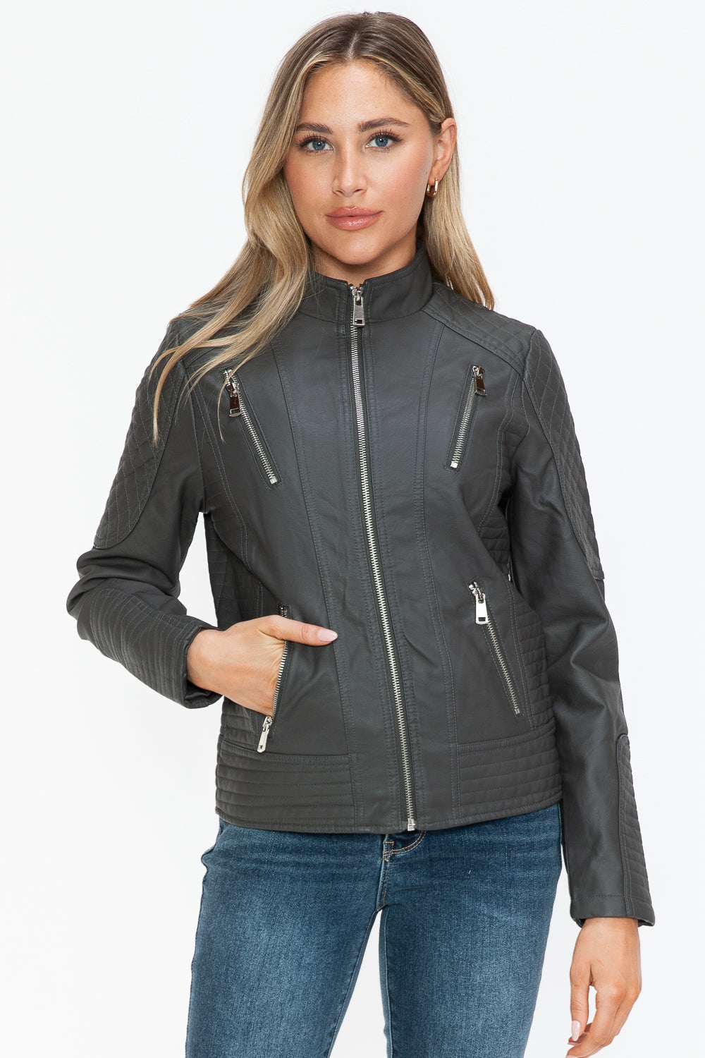 Snobbish Faux Leather Zip Up Mock Neck Jacket Womens Jacket