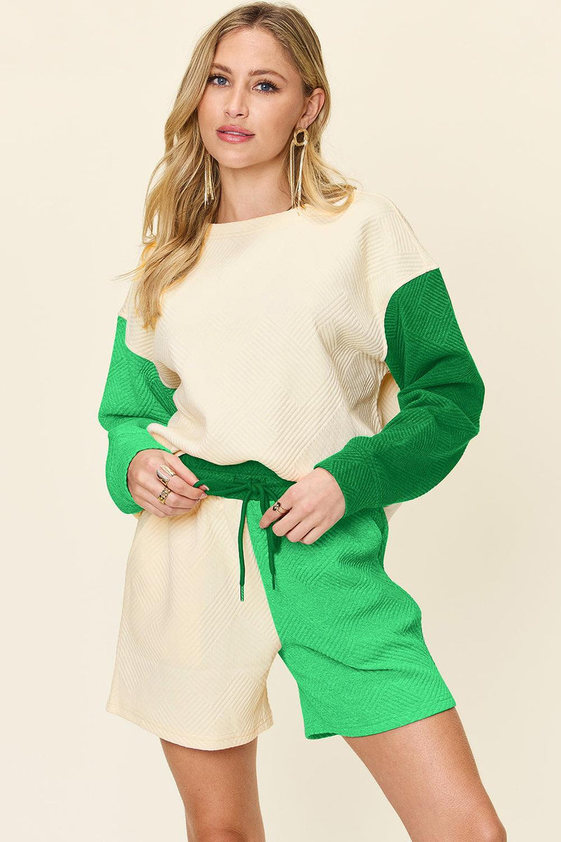 Double Take Contrast Drop Shoulder Top and Shorts Set - Three Mad Hatters Mercantile 