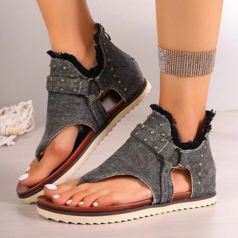 Studded Raw Hem Flat Sandals Womens Sandals Charcoal 36(US5) 