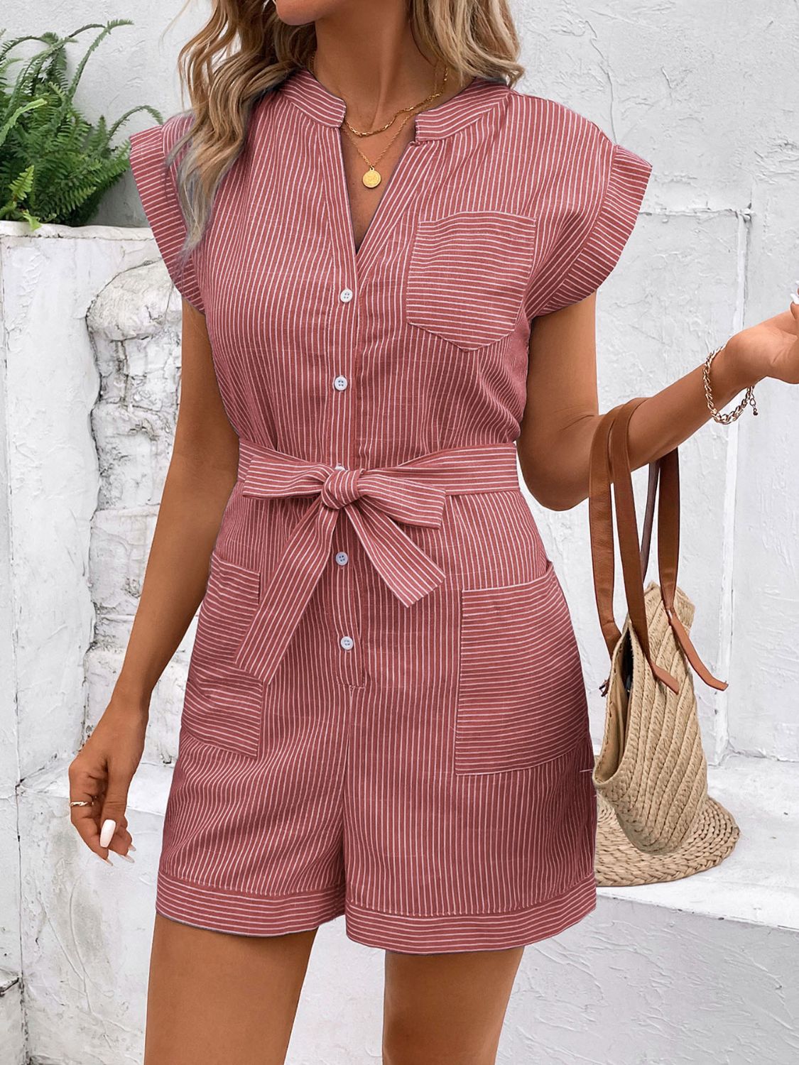 Striped Notched Tie Waist Romper    