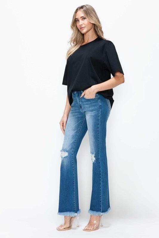 Bytos Raw Hem Distressed High Rise Bootcut Jeans - Three Mad Hatters Mercantile 