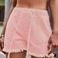 Drawstring Raw Hem Denim Shorts  Watermelon pink S 