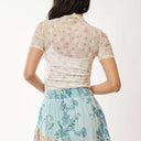 Davi & Dani Floral Mesh Mock Neck Short Sleeve Top