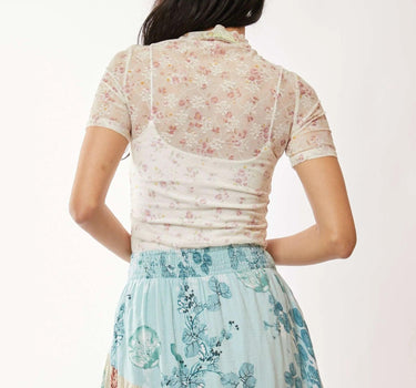 Davi & Dani Floral Mesh Mock Neck Short Sleeve Top