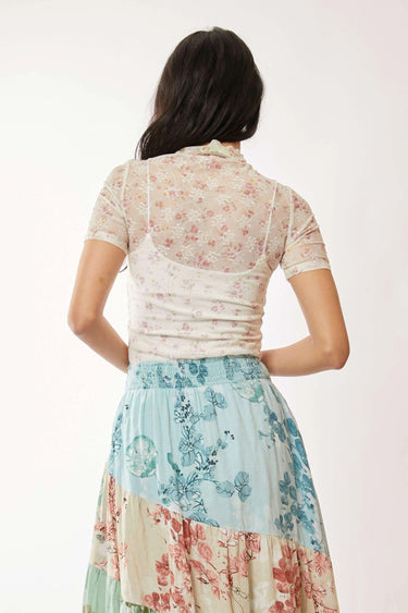 Davi & Dani Floral Mesh Mock Neck Short Sleeve Top