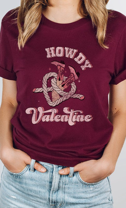 Howdy Valentine Cowboy Boots Graphic Tee T- Shirt Heather Maroon S 