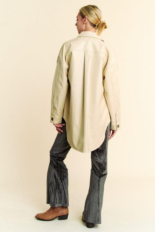 Davi & Dani Faux Leather Button Up Jacket with Chest Pockets - Three Mad Hatters Mercantile 