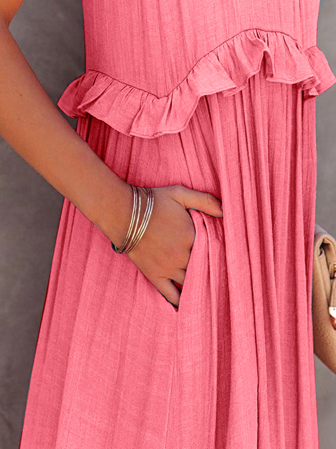 Ruffled Sleeveless Tiered Maxi Dress with Pockets    