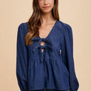 Annie Wear Tie Front Peplum Long Sleeve Denim Top