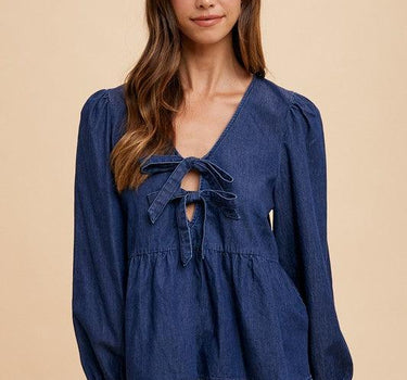 Annie Wear Tie Front Peplum Long Sleeve Denim Top