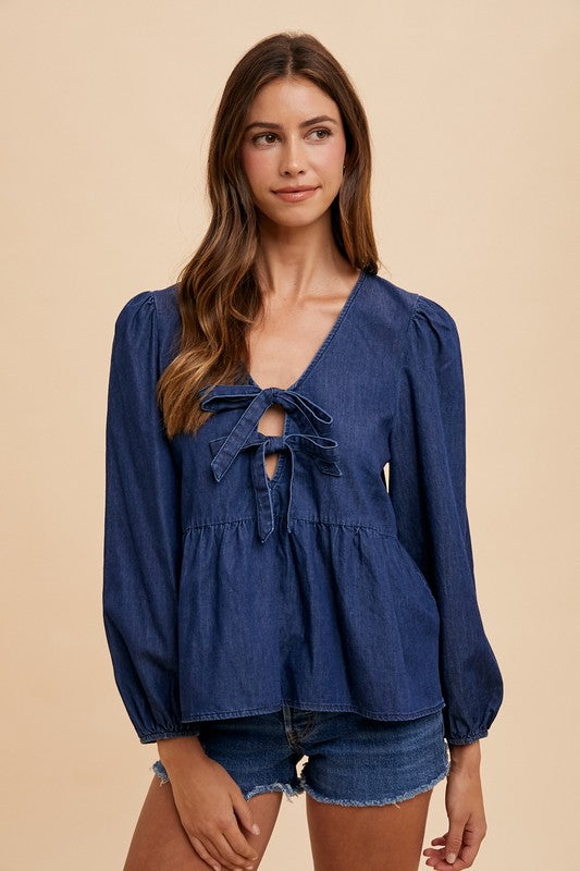 Annie Wear Tie Front Peplum Long Sleeve Denim Top Womens Tie Front Long Sleeve Denim Top