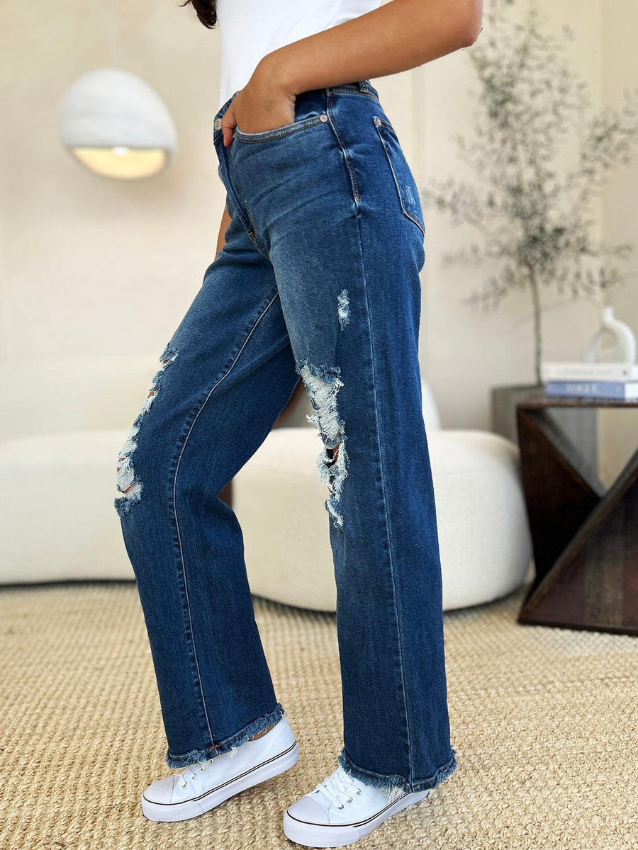 Judy Blue Full Size Mid Rise Distressed Raw Hem Jeans - Three Mad Hatters Mercantile 