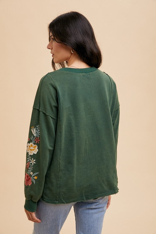 Annie Wear Embroidered Long Sleeve French Terry Top Womens Long Sleeve Tops