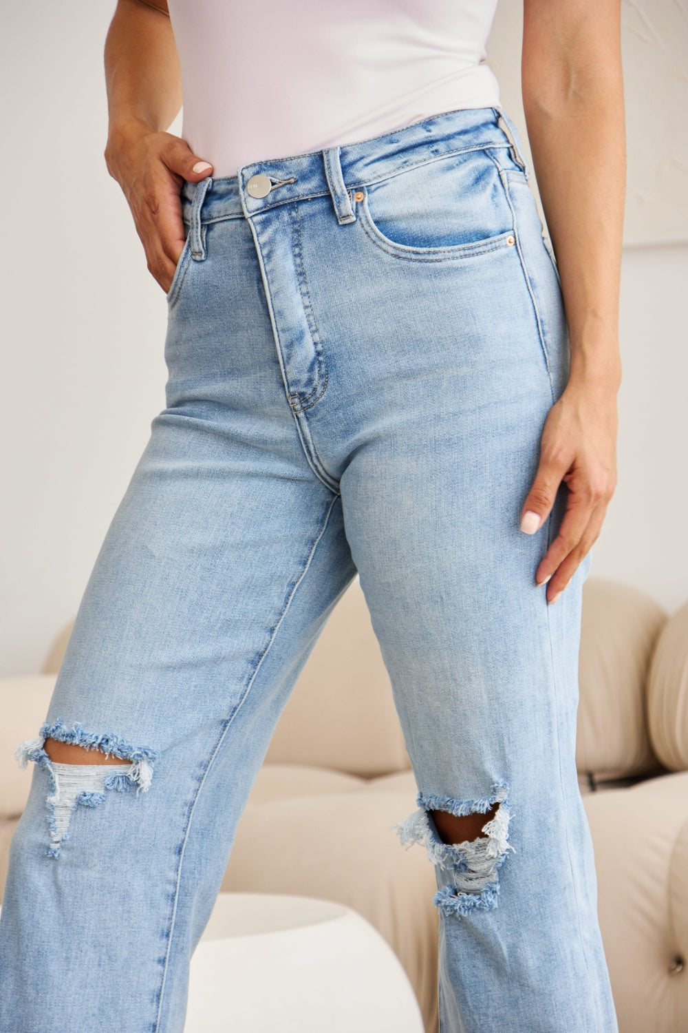 RFM Tummy Control High Waist Raw Hem Distressed Jeans Denim   