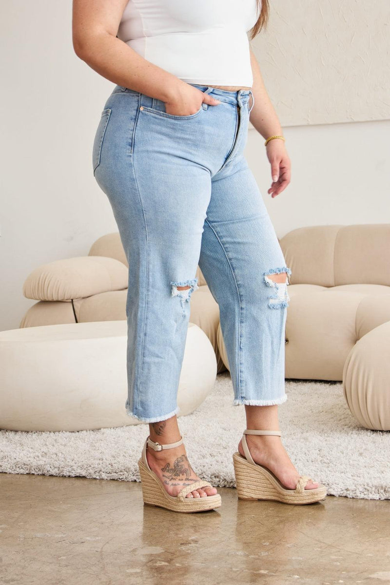 RFM Tummy Control High Waist Raw Hem Distressed Jeans - Three Mad Hatters Mercantile 