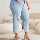 RFM Tummy Control High Waist Raw Hem Distressed Jeans