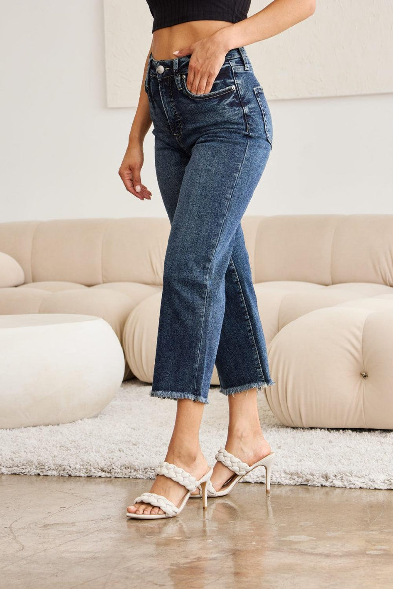 RFM Tummy Control High Waist Raw Hem Jeans - Three Mad Hatters Mercantile 