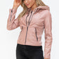 Snobbish Faux Leather Zip Up Drawstring Hooded Jacket Womens Jacket