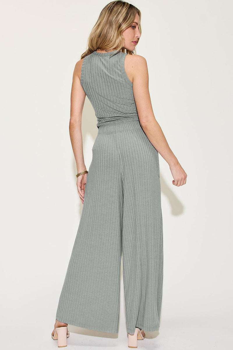 Basic Bae Full Size Ribbed Tank and Wide Leg Pants Set - Three Mad Hatters Mercantile 