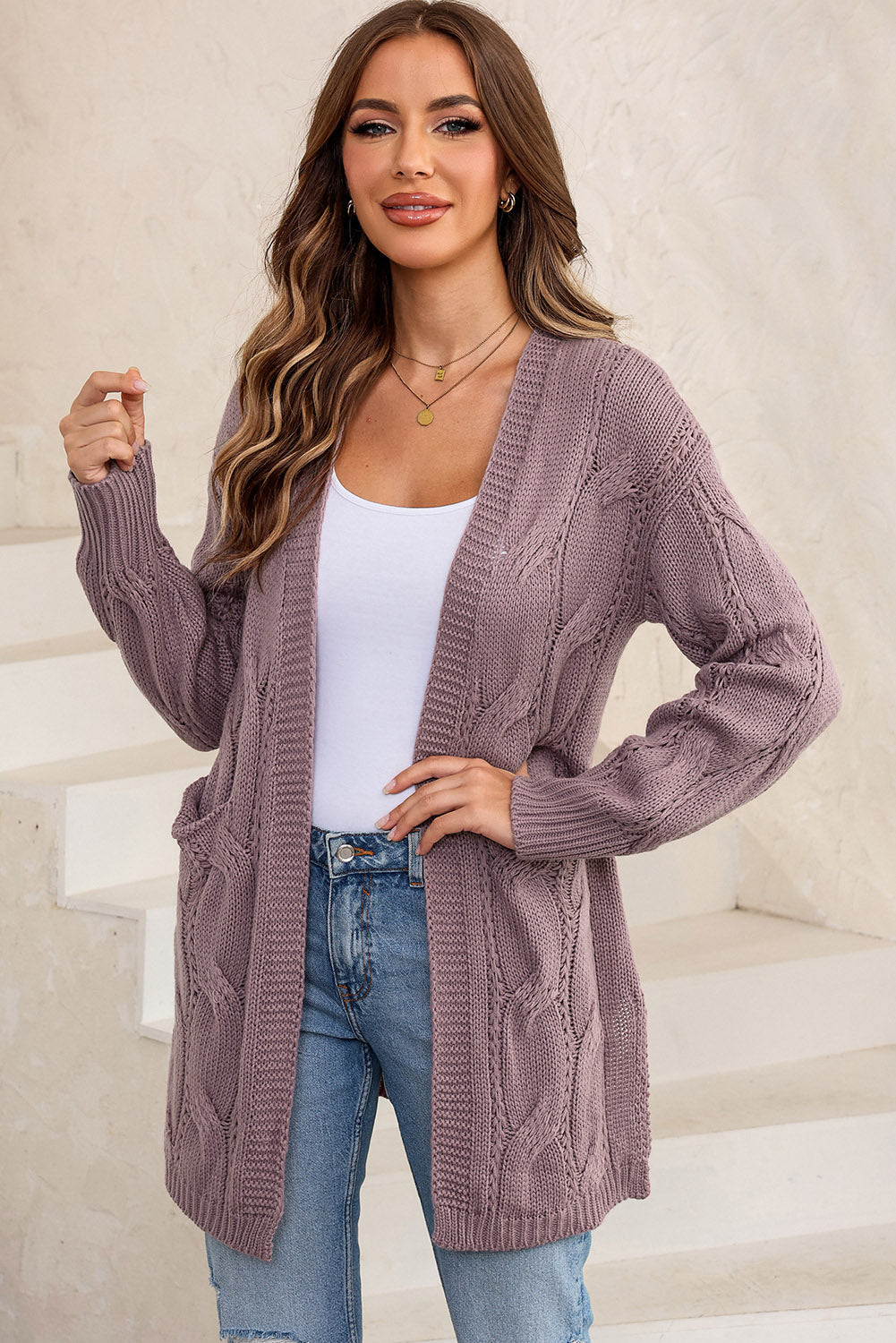 Cable-Knit Dropped Shoulder Cardigan Cardigan Lilac XL 