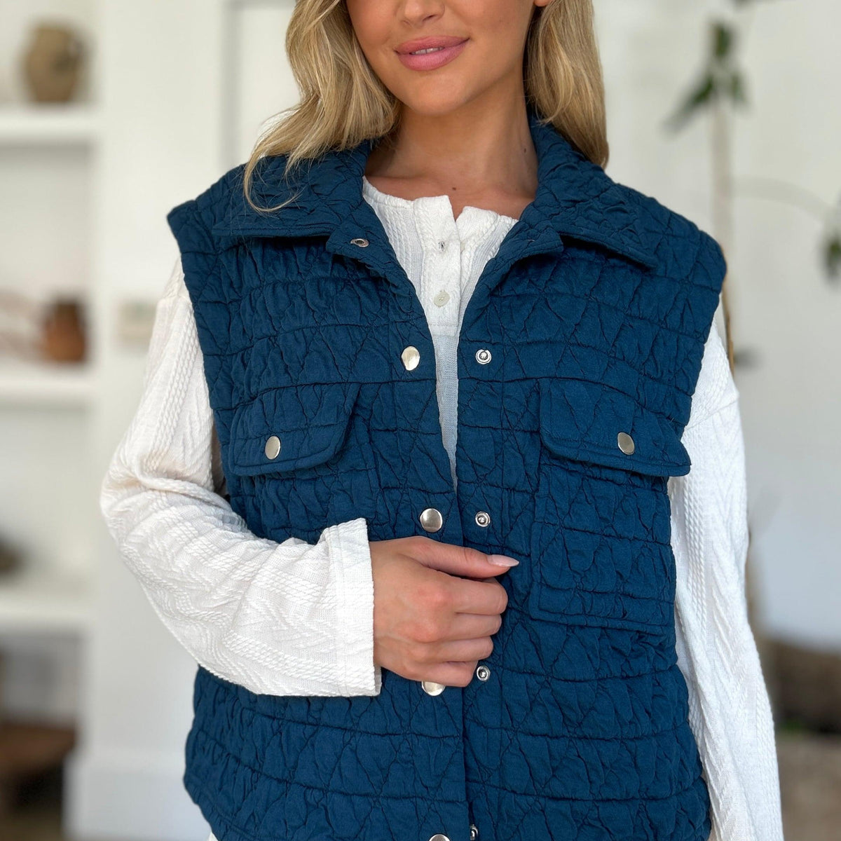 Double Take Pocketed Texture Snap Down Vest - Three Mad Hatters Mercantile 