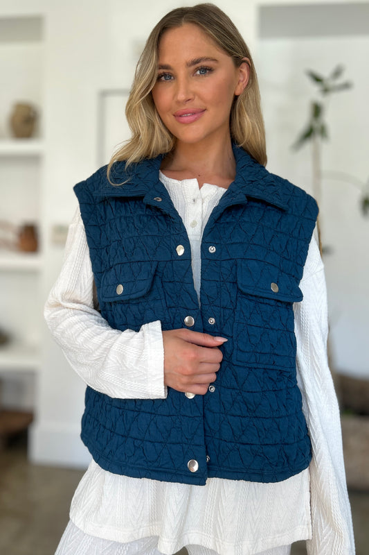 Double Take Pocketed Texture Snap Down Vest Snap Down Vest