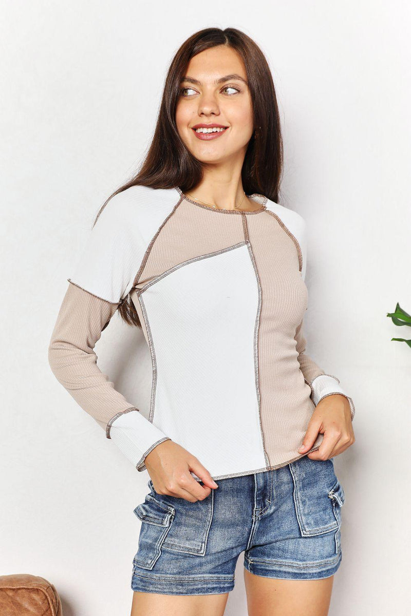 Double Take Color Block Exposed Seam Top - Three Mad Hatters Mercantile 