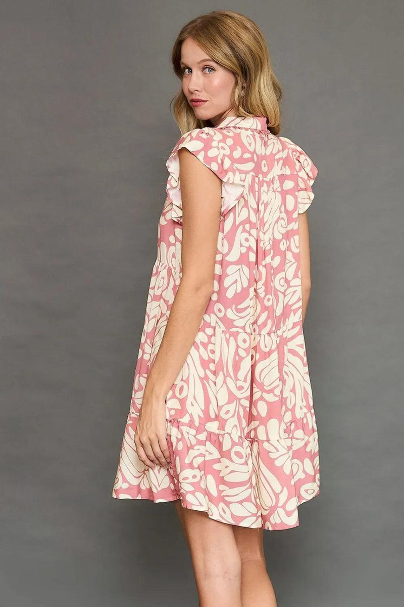 Umgee Two Tone Printed Ruffled Cap Sleeve Mini Dress Plus Size - Three Mad Hatters Mercantile 