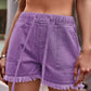 Drawstring Raw Hem Denim Shorts  Purple S 