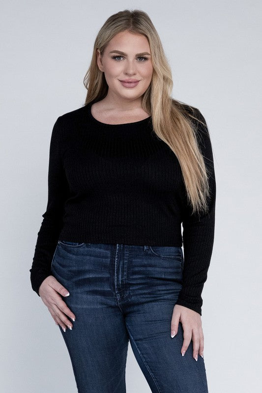 Plus Classic Ribbed Round Neck Long Sleeve Long Sleeve Shirt Black 1X 