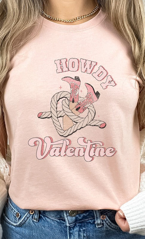 Howdy Valentine Cowboy Boots Graphic Tee T- Shirt Heather Peach S 