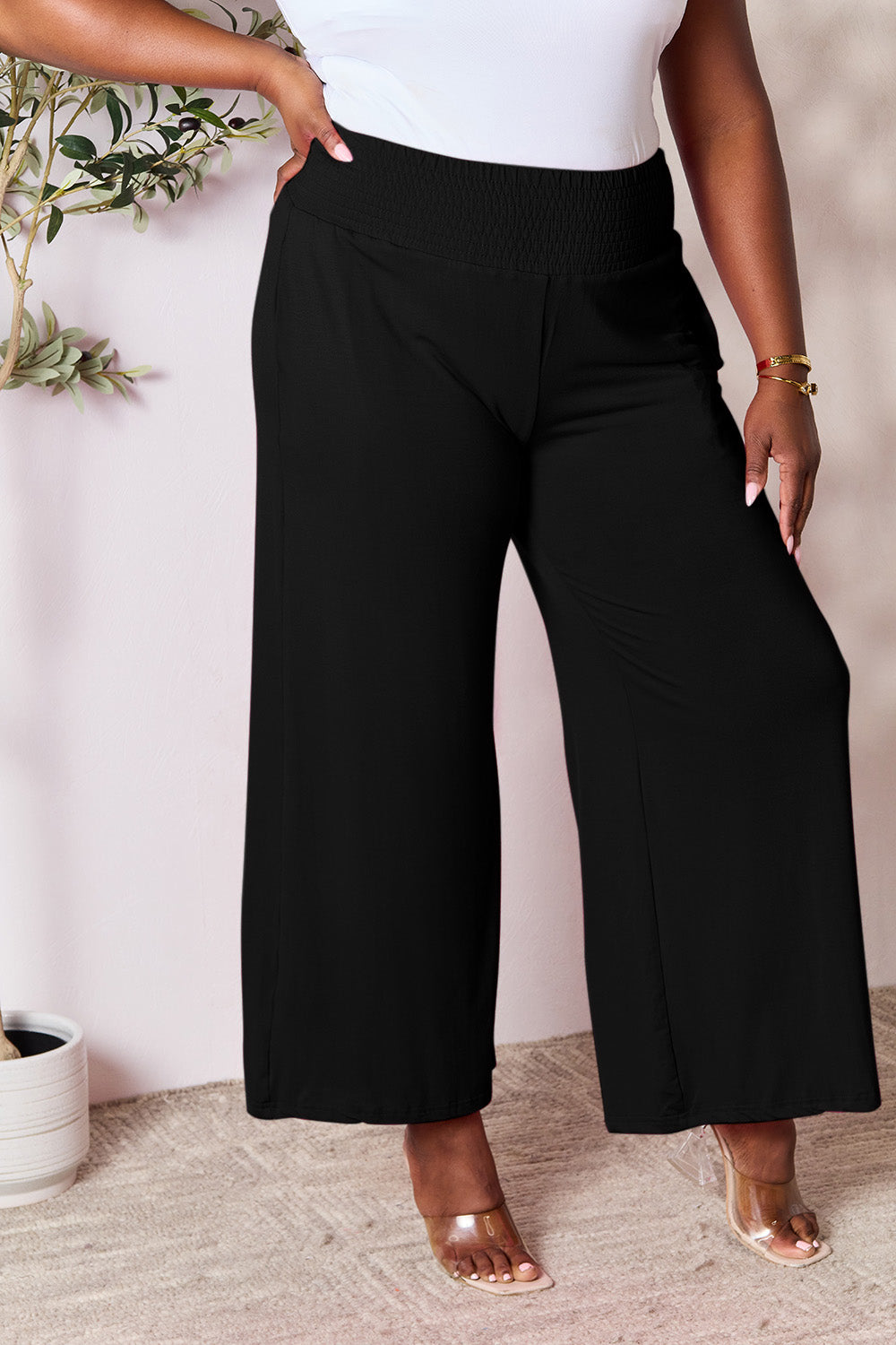 Double Take Full Size Smocked Wide Waistband Wide Leg Pants Womens Lounge Pants   