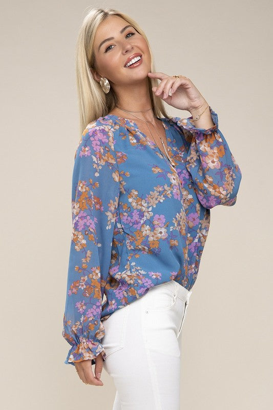 Floral chiffon blouse Womens Blouse TEAL BLUE S 