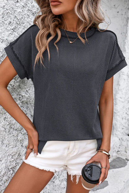 Striped Round Neck Short Sleeve T-Shirt Womens T-shirt Dark Gray S 