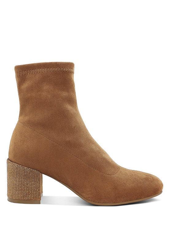 Chena Rhinestones Embellished Block Heel Boots - Three Mad Hatters Mercantile 