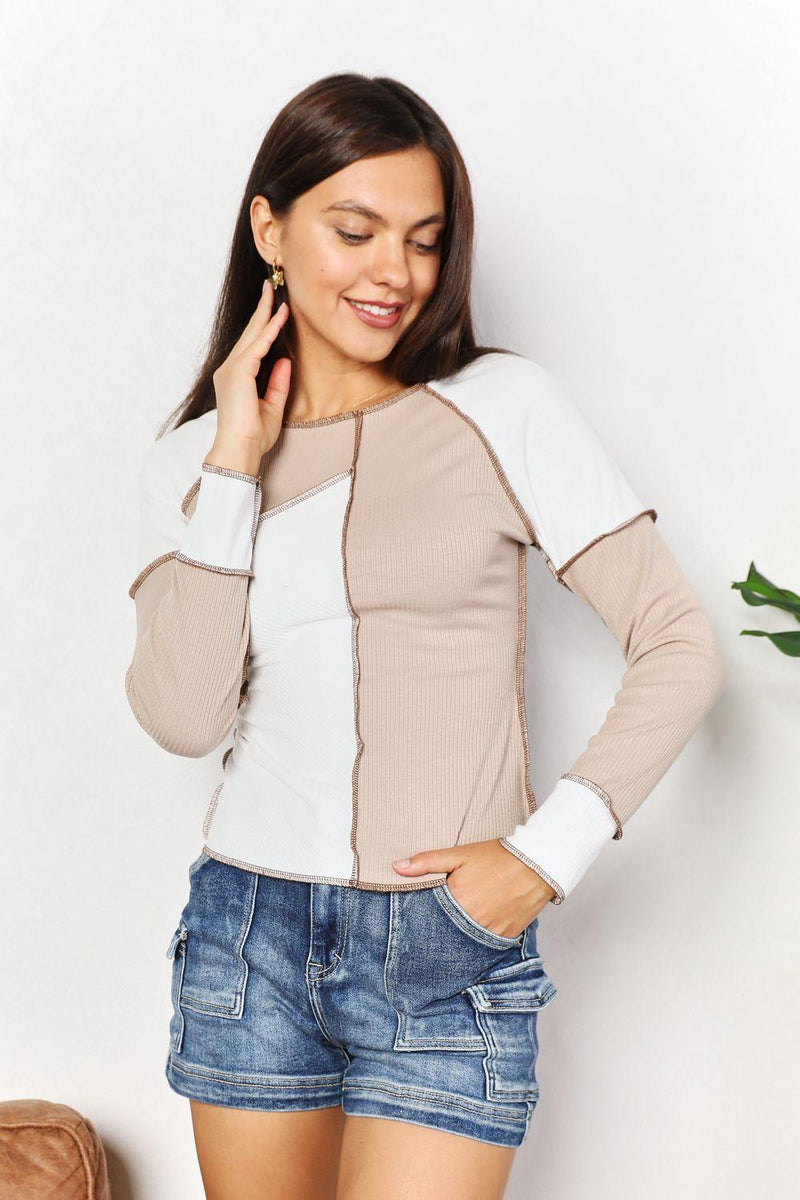 Double Take Color Block Exposed Seam Top - Three Mad Hatters Mercantile 